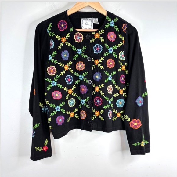 VTG Michael Simon Embroidered Cardigan L Lightweight Floral Boho Artsy Lagenlook - Picture 1 of 10